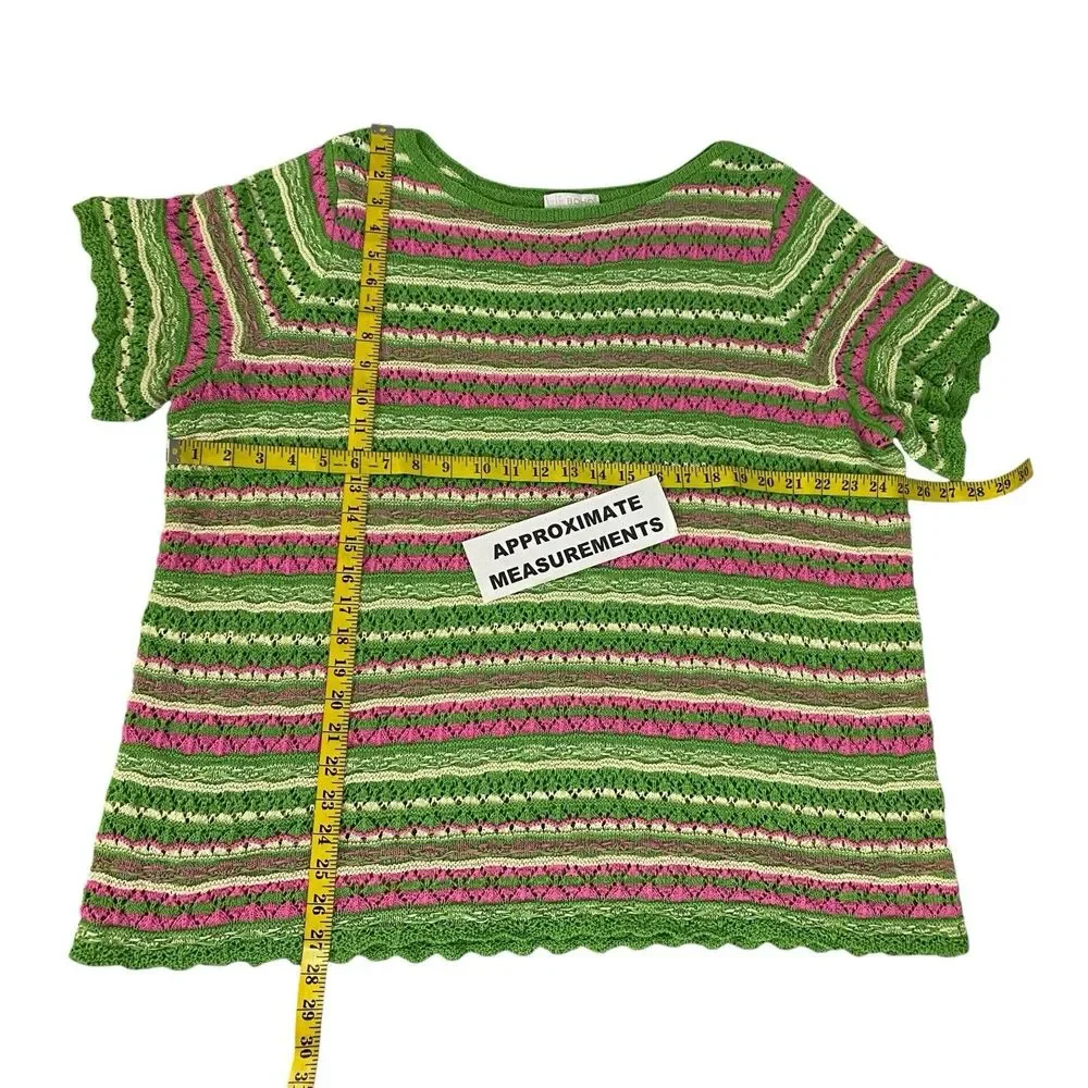 Bell Boho Sweater Womens 2X Green Pink Stripe Open Knit Crochet Short Sleeve